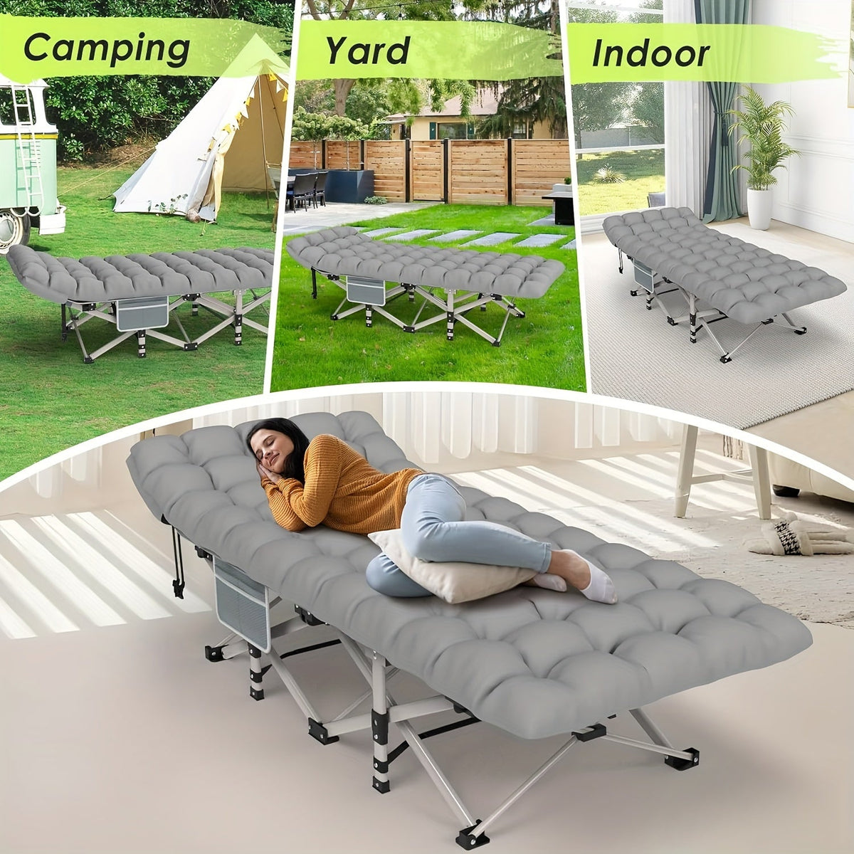 Folding Camp Bed with Mattress – Grey