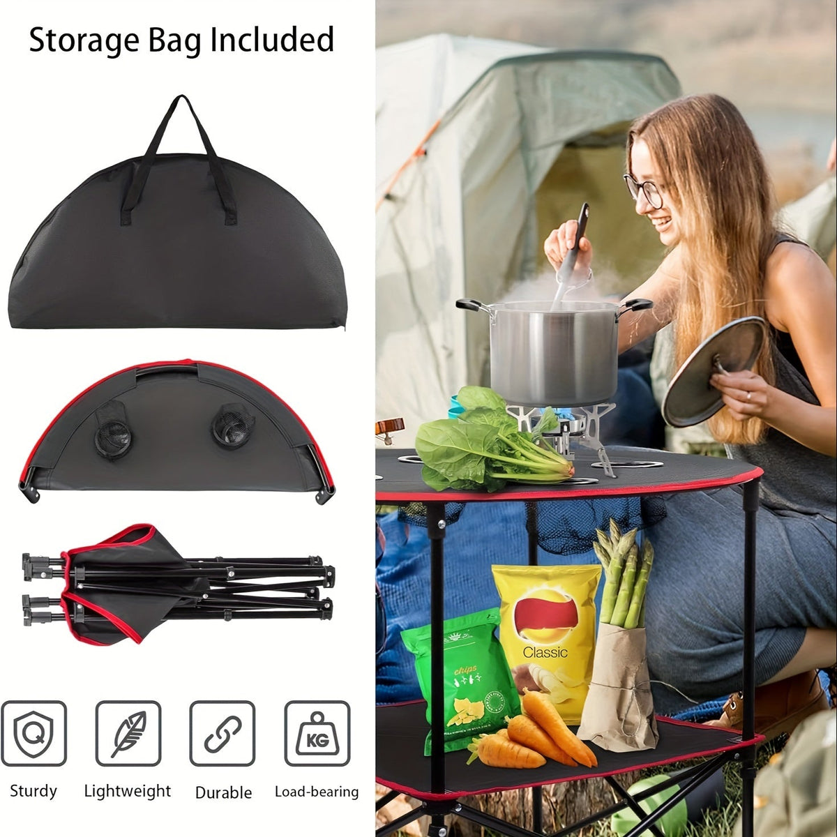 Folding Camp Table with 4 Cup Holders – Black