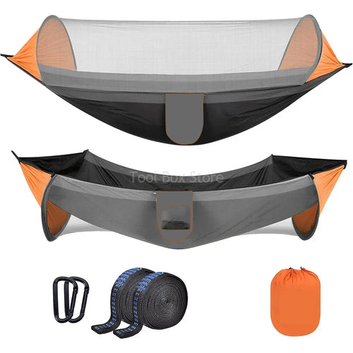 Orange 2-person hammock with mosquito net