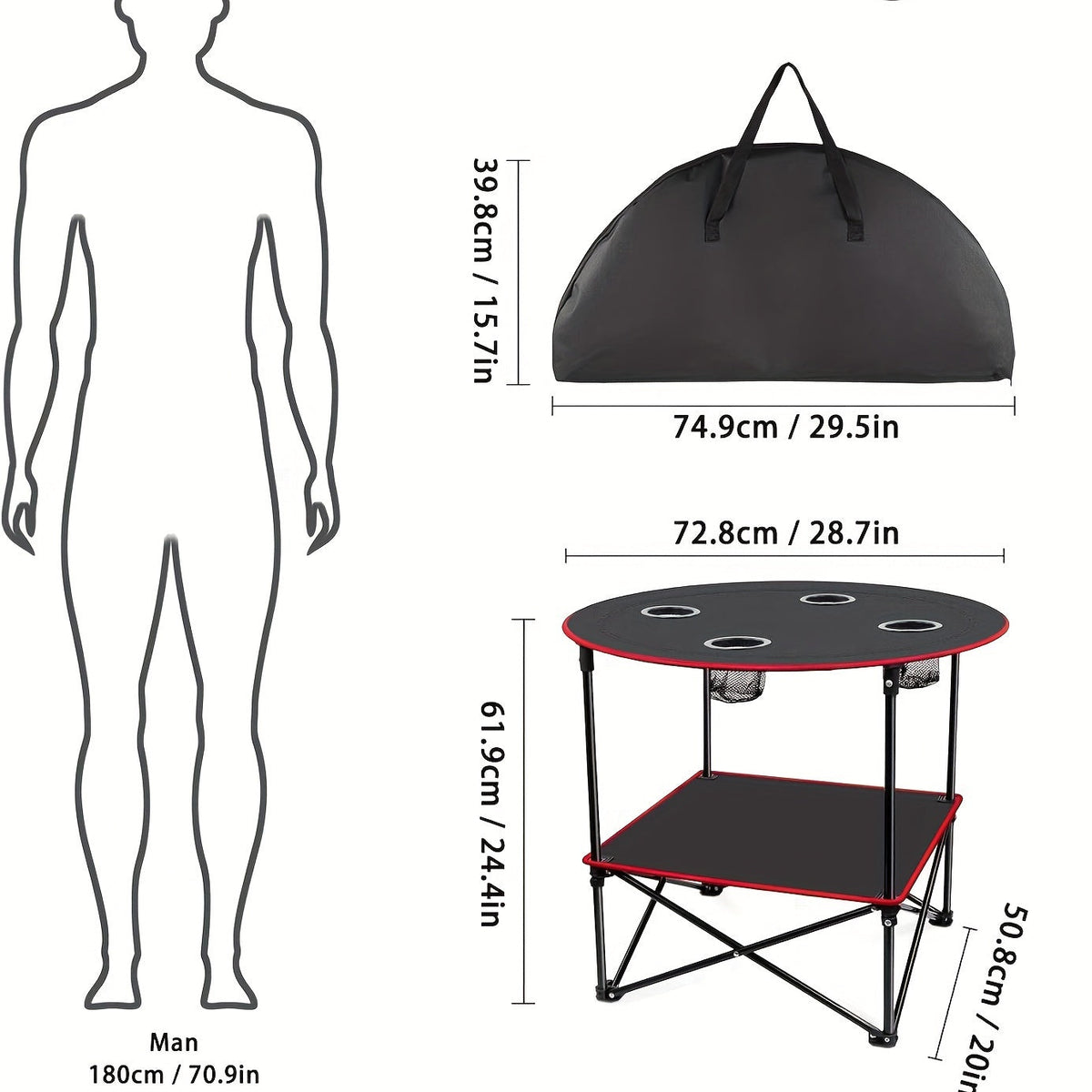 Folding Camp Table with 4 Cup Holders – Black