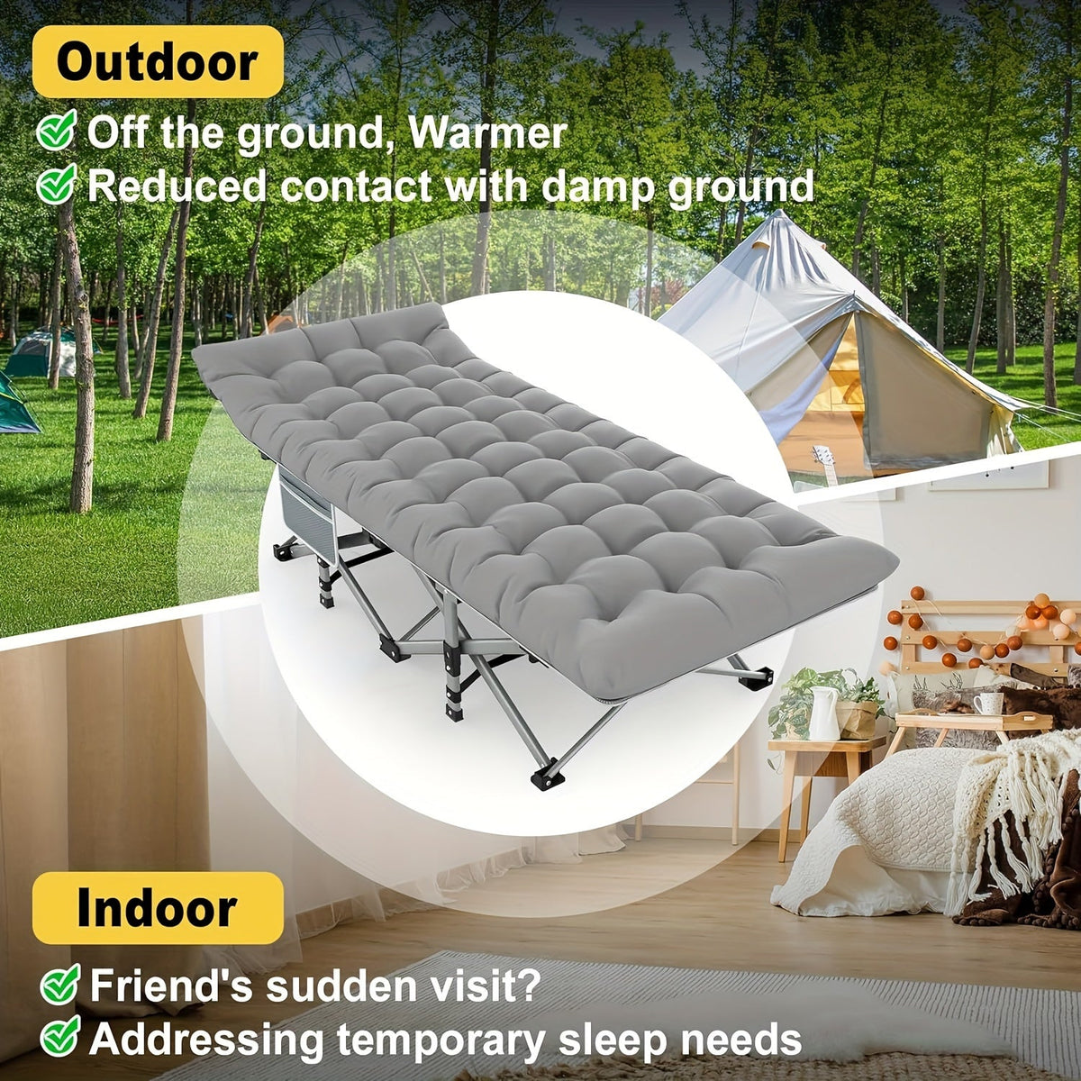 Folding Camp Bed with Mattress – Grey