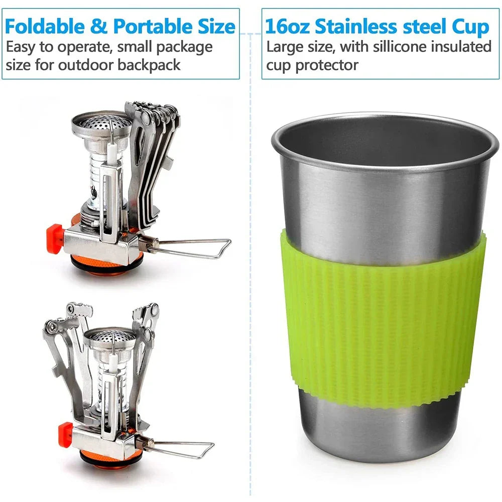 Camping Cookware Kit with Mini Stove – Green