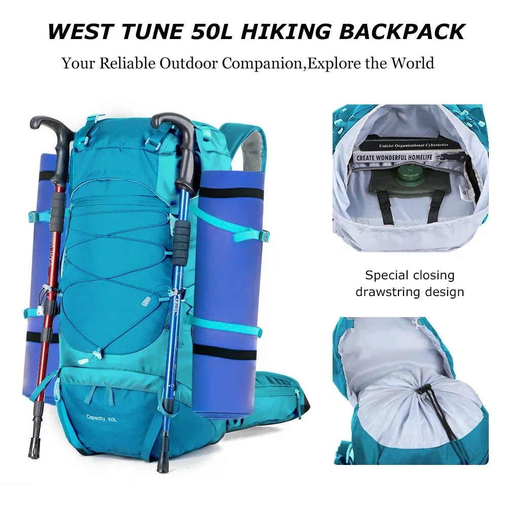 50 L Hiking Backpack with Rain Cover – Lake Blue