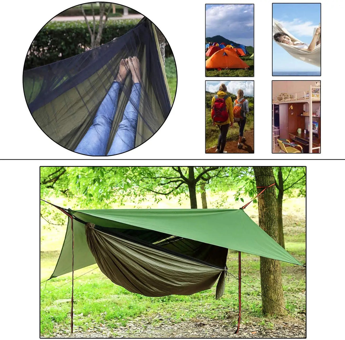 2-Person Camping Hammock with Mosquito Net – Army Green
