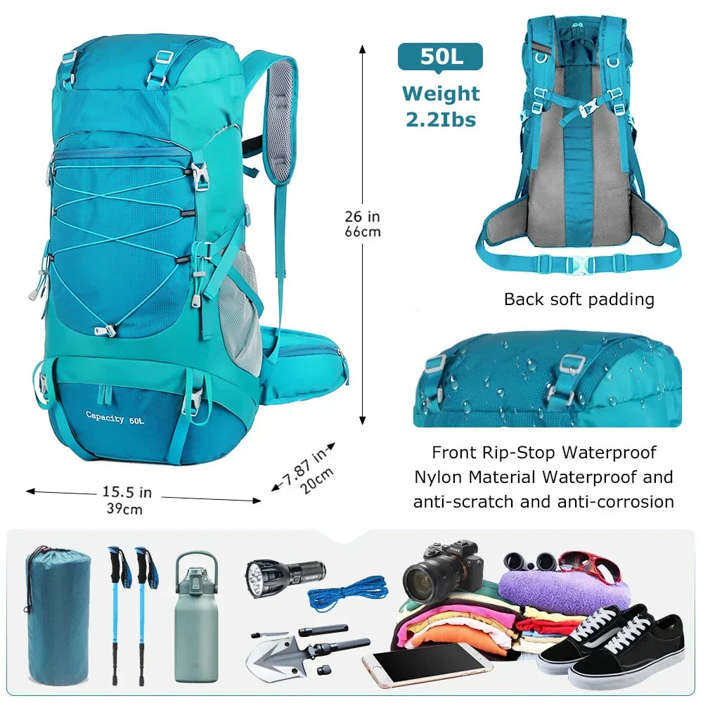 50 L Hiking Backpack with Rain Cover – Lake Blue