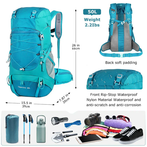 50 L Hiking Backpack with Rain Cover – Lake Blue