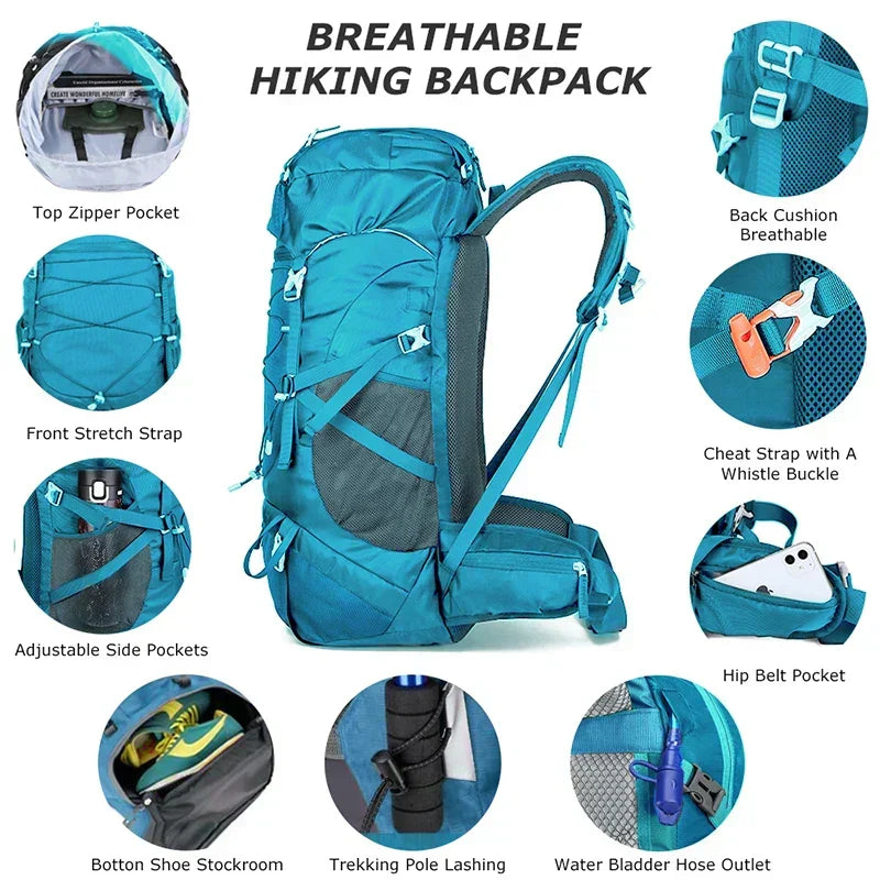 50 L Hiking Backpack with Rain Cover – Lake Blue