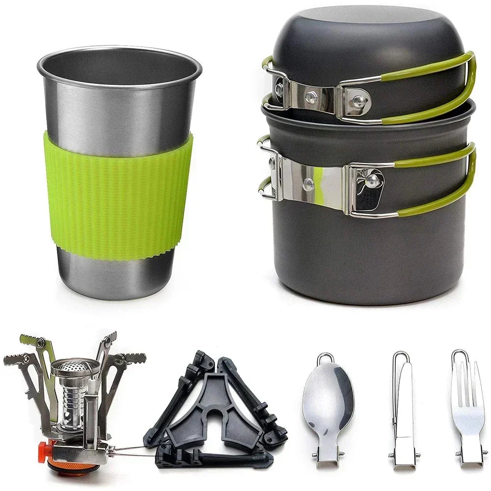 Green camping cookware kit with mini gas stove