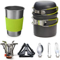 Green camping cookware kit with mini gas stove