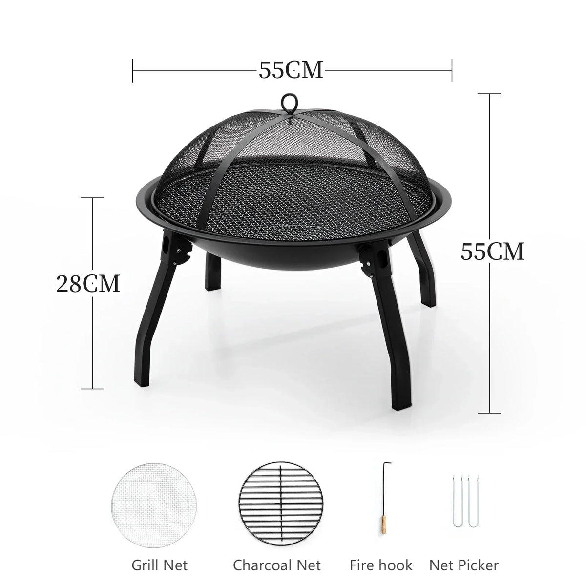 Folding Charcoal Fire Pit – 55 cm, Black