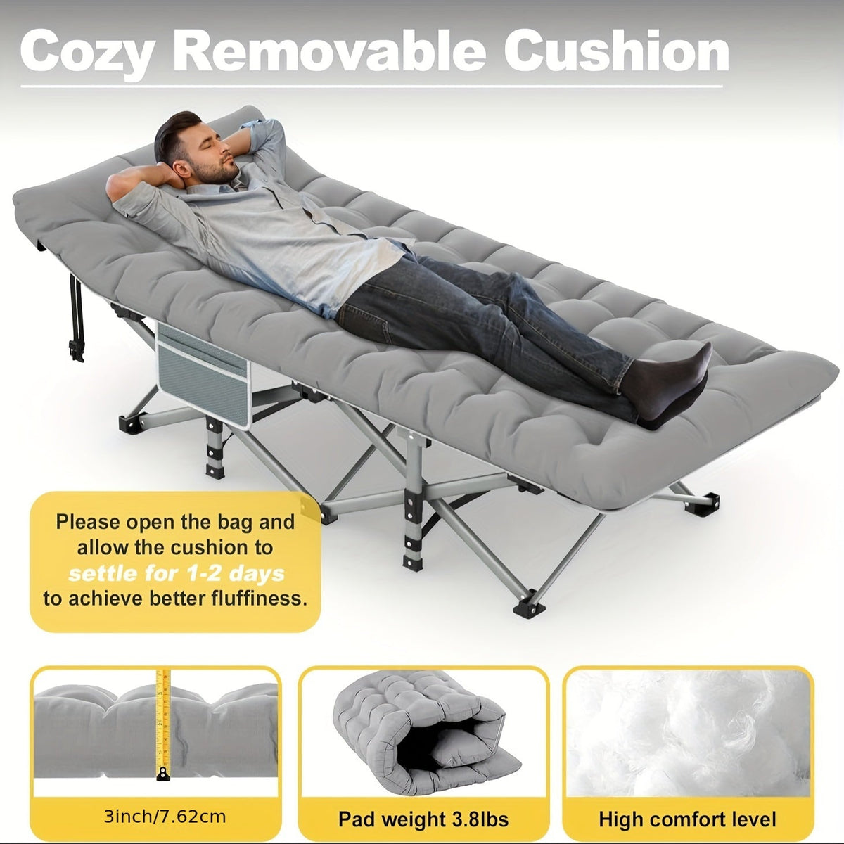 Folding Camp Bed with Mattress – Grey