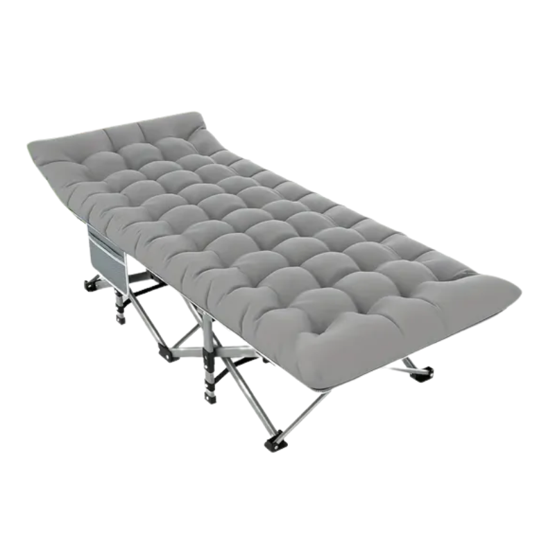 Grey folding camp bed with mattress